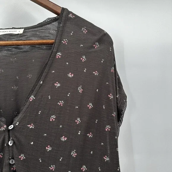 Lucky Brand Shirt Top Womens Medium Peplum Floral Cottage Rayon Lace Crop Button - Picture 4 of 11